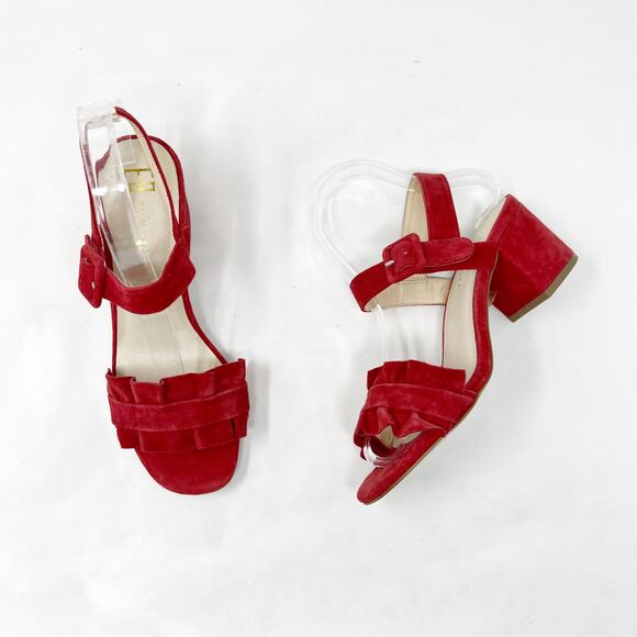 [E8 By Miista] Red Suede Leather Sandie Ruffle Strap Block Heel Sandals Size 5.5 - Picture 6 of 12